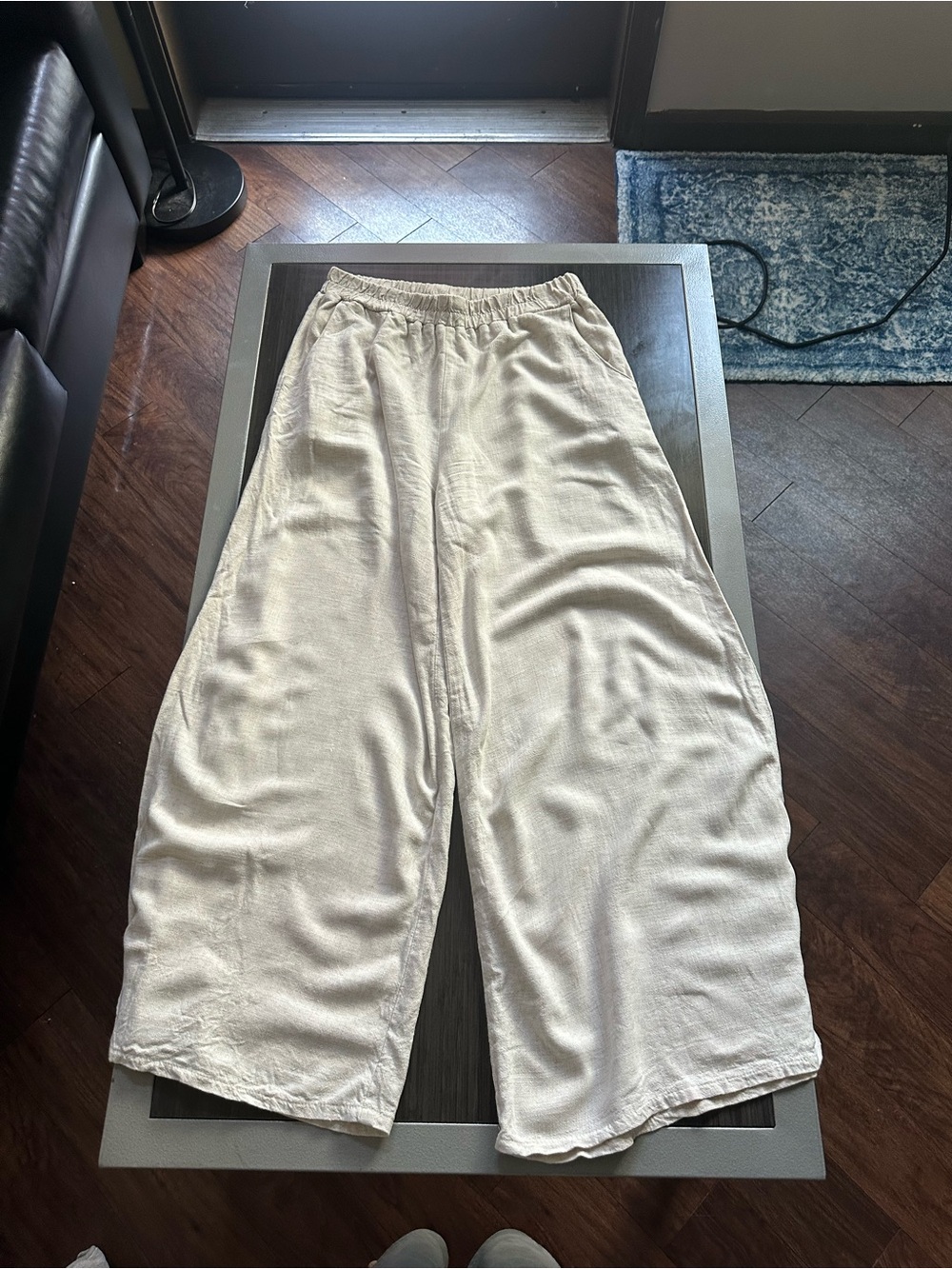 Wide Leg White Linen Pants in Light Beige
